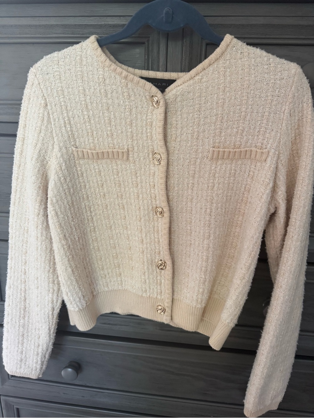 Tahari Cream Textured Knit Button-Front Cardigan
